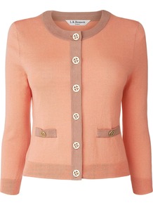 Women's Bay Cardigan, Peach - neckline: round neck; shoulder detail: contrast pattern/fabric at shoulder; predominant colour: coral; occasions: casual, evening, work, occasion; length: standard; style: standard; fibres: silk - mix; fit: slim fit; waist detail: front pockets at waist level; sleeve length: 3/4 length; sleeve style: standard; texture group: knits/crochet; pattern type: knitted - fine stitch; pattern size: small & light