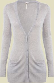 Women's Decadence Cardi, Grey - neckline: low v-neck; pattern: plain; length: below the bottom; hip detail: front pockets at hip; bust detail: buttons at bust (in middle at breastbone)/zip detail at bust; predominant colour: light grey; occasions: casual, work; style: standard; fibres: wool - mix; fit: standard fit; waist detail: fitted waist; shoulder detail: added shoulder detail; sleeve length: long sleeve; sleeve style: standard; texture group: knits/crochet; pattern type: knitted - fine stitch