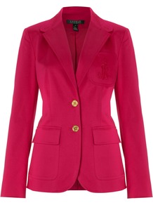 Women's Blazer Jacket With Crest, Pink - pattern: plain; style: single breasted blazer; bust detail: added detail/embellishment at bust; hip detail: front pockets at hip; collar: standard lapel/rever collar; predominant colour: hot pink; occasions: casual, evening, work; length: standard; fit: tailored/fitted; fibres: cotton - stretch; waist detail: fitted waist; back detail: back vent/flap at back; sleeve length: long sleeve; sleeve style: standard; trends: fluorescent; collar break: medium; pattern type: fabric; pattern size: standard; texture group: other - light to midweight
