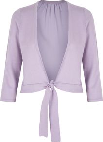 Women's Lila Shrug, Lilac - neckline: low v-neck; style: bolero/shrug; length: cropped; back detail: contrast pattern/fabric at back; predominant colour: lilac; occasions: casual, evening, work, occasion; fibres: polyester/polyamide - 100%; fit: slim fit; waist detail: belted waist/tie at waist/drawstring; sleeve length: 3/4 length; sleeve style: standard; pattern type: fabric; texture group: jersey - stretchy/drapey