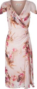 Women's Carrie Dress, Multi Coloured - style: faux wrap/wrap; neckline: v-neck; sleeve style: capped; pattern: plain; waist detail: twist front waist detail/nipped in at waist on one side/soft pleats/draping/ruching/gathering waist detail; bust detail: ruching/gathering/draping/layers/pintuck pleats at bust; predominant colour: blush; occasions: evening, occasion; length: on the knee; fit: body skimming; fibres: silk - 100%; hip detail: soft pleats at hip/draping at hip/flared at hip; shoulder detail: flat/draping pleats/ruching/gathering at shoulder; sleeve length: short sleeve; texture group: silky - light; trends: high impact florals, statement prints; pattern type: fabric; pattern size: small & light; embellishment: embroidered