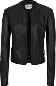 Bryony Cropped Leather Jacket - pattern: plain; style: biker; collar: standard biker; fit: slim fit; predominant colour: black; occasions: casual; length: standard; fibres: leather - 100%; sleeve length: long sleeve; sleeve style: standard; texture group: leather; collar break: high/illusion of break when open; pattern type: fabric