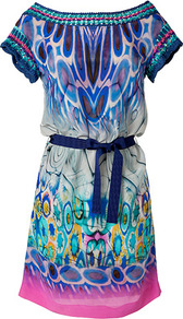 Blue Multi Printed Silk Crochet Trim Dress - style: tunic; neckline: slash/boat neckline; fit: loose; waist detail: belted waist/tie at waist/drawstring; secondary colour: pink; occasions: casual, holiday; length: just above the knee; fibres: silk - 100%; predominant colour: multicoloured; sleeve length: short sleeve; sleeve style: standard; texture group: silky - light; trends: statement prints, glamorous day shifts; pattern type: fabric; pattern size: big & busy; pattern: patterned/print