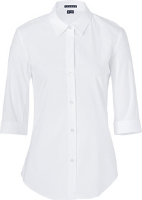 White Stretch Cotton Dallisa Shirt - neckline: shirt collar/peter pan/zip with opening; pattern: plain; style: shirt; predominant colour: white; occasions: casual, work; length: standard; fibres: cotton - stretch; fit: tailored/fitted; sleeve length: 3/4 length; sleeve style: standard; texture group: cotton feel fabrics; pattern type: fabric