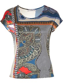 Multicolored Printed Stretch Silk T Shirt - neckline: round neck; sleeve style: capped; style: t-shirt; hip detail: fitted at hip; predominant colour: navy; occasions: casual, evening, work; length: standard; fibres: silk - mix; fit: tailored/fitted; sleeve length: short sleeve; texture group: silky - light; trends: statement prints, modern geometrics; pattern type: fabric; pattern size: big & busy; pattern: patterned/print