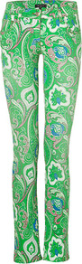 Apple Multi Paisley Print Jeans - style: straight leg; length: standard; pattern: paisley; pocket detail: traditional 5 pocket; waist: mid/regular rise; predominant colour: emerald green; occasions: casual; fibres: cotton - stretch; texture group: denim; trends: statement prints, modern geometrics; pattern type: fabric; pattern size: big & busy