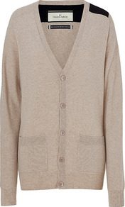 Champagne Cashmere Sebastian Cardigan - neckline: low v-neck; pattern: plain; length: below the bottom; hip detail: front pockets at hip; shoulder detail: contrast pattern/fabric at shoulder; back detail: contrast pattern/fabric at back; predominant colour: stone; occasions: casual, work; style: standard; fit: loose; fibres: cashmere - 100%; sleeve length: long sleeve; sleeve style: standard; texture group: knits/crochet; pattern type: knitted - fine stitch