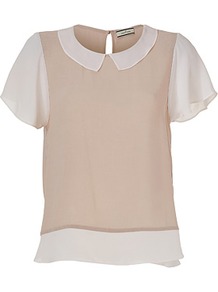 Champagne/White Loiva Top - style: blouse; predominant colour: champagne; occasions: casual, evening, work; length: standard; fibres: polyester/polyamide - 100%; fit: straight cut; neckline: no opening/shirt collar/peter pan; hip detail: slits at hip; back detail: keyhole/peephole detail at back; sleeve length: short sleeve; sleeve style: standard; texture group: sheer fabrics/chiffon/organza etc.; pattern type: fabric; pattern size: standard; pattern: colourblock