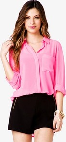 High Low Georgette Shirt - neckline: shirt collar/peter pan/zip with opening; pattern: plain; style: shirt; sleeve style: balloon; predominant colour: pink; occasions: casual, evening, work; length: standard; fibres: polyester/polyamide - 100%; fit: loose; back detail: longer hem at back than at front; sleeve length: 3/4 length; texture group: sheer fabrics/chiffon/organza etc.; pattern type: fabric; pattern size: standard