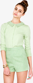 Lace Collar Cardigan - neckline: shirt collar/peter pan/zip with opening; pattern: plain; hip detail: fitted at hip; predominant colour: pistachio; occasions: casual, work; length: standard; style: standard; fibres: cotton - mix; fit: standard fit; sleeve length: 3/4 length; sleeve style: standard; texture group: knits/crochet; pattern type: knitted - fine stitch; pattern size: standard