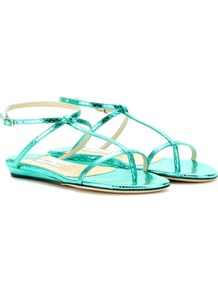 Fiona Snakeskin Sandals - predominant colour: mint green; occasions: casual, evening, holiday; material: leather; heel height: flat; ankle detail: ankle strap; heel: standard; toe: toe thongs; style: strappy; trends: metallics; finish: metallic; pattern: animal print