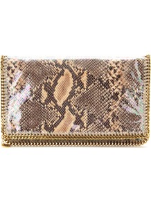 Falabella Shaggy Deer Flap Over Clutch - secondary colour: camel; predominant colour: taupe; occasions: evening; style: clutch; length: hand carry; size: standard; material: leather; pattern: animal print; finish: patent; embellishment: chain/metal