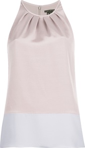 'Milka' Vest Top - pattern: plain; sleeve style: sleeveless; neckline: halter neck; predominant colour: stone; occasions: evening; length: standard; style: top; fit: straight cut; sleeve length: sleeveless; texture group: structured shiny - satin/tafetta/silk etc.; bust detail: tiers/frills/bulky drapes/pleats; pattern type: fabric; fibres: silk - stretch