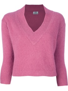 'Monroe' Sweater - neckline: v-neck; pattern: plain; length: cropped; style: standard; predominant colour: magenta; occasions: casual, work; fibres: wool - 100%; fit: standard fit; sleeve length: 3/4 length; sleeve style: standard; texture group: knits/crochet; pattern type: knitted - fine stitch