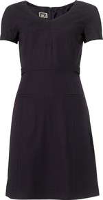 Orwell Dress - style: shift; neckline: v-neck; sleeve style: capped; fit: fitted at waist; pattern: plain; hip detail: front pockets at hip; waist detail: embellishment at waist/feature waistband; predominant colour: navy; occasions: casual, evening, work, occasion; length: just above the knee; fibres: wool - stretch; sleeve length: short sleeve; trends: glamorous day shifts; pattern type: fabric; texture group: woven light midweight
