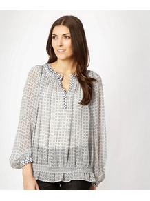 Navy Tile Print Blouson - neckline: v-neck; sleeve style: bell sleeve; waist detail: elasticated waist; style: blouson; predominant colour: light grey; occasions: casual, holiday; length: standard; fibres: polyester/polyamide - 100%; fit: loose; sleeve length: 3/4 length; texture group: sheer fabrics/chiffon/organza etc.; pattern type: fabric; pattern size: standard; pattern: patterned/print