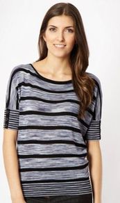 Blue Spacedye Striped Jumper - neckline: round neck; sleeve style: dolman/batwing; pattern: horizontal stripes; style: standard; predominant colour: navy; occasions: casual, work; length: standard; fibres: polyester/polyamide - 100%; fit: standard fit; sleeve length: short sleeve; texture group: knits/crochet; pattern type: knitted - fine stitch; pattern size: standard