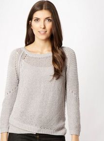 Mauve Knit Jumper - neckline: round neck; pattern: plain; bust detail: sheer at bust; style: standard; shoulder detail: contrast pattern/fabric at shoulder; predominant colour: lilac; occasions: casual, work; length: standard; fibres: acrylic - mix; fit: standard fit; back detail: embellishment at back; sleeve length: long sleeve; sleeve style: standard; texture group: knits/crochet; pattern type: knitted - other; pattern size: small & light