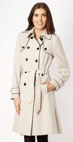 Beige Piped Trench Coat - pattern: plain; shoulder detail: obvious epaulette; hip detail: side pockets at hip; style: trench coat; length: on the knee; predominant colour: ivory; occasions: casual, evening, work; fit: tailored/fitted; fibres: polyester/polyamide - stretch; collar: shirt collar/peter pan/zip with opening; waist detail: belted waist/tie at waist/drawstring; sleeve length: long sleeve; sleeve style: standard; texture group: cotton feel fabrics; collar break: high; pattern type: fabric