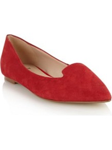 Red Suede Pointed Toe Pumps - predominant colour: true red; occasions: casual, evening, work; material: suede; heel height: flat; toe: pointed toe; style: loafers; finish: plain; pattern: plain