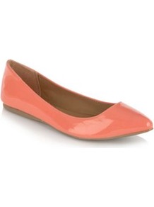 Coral Janille Pointed Toe Pumps - predominant colour: coral; occasions: casual, evening, work; material: faux leather; heel height: flat; toe: pointed toe; style: ballerinas / pumps; trends: fluorescent; finish: patent; pattern: plain