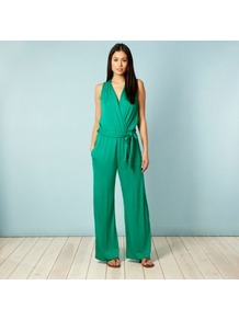 Green Jersey Jumpsuit - length: standard; neckline: low v-neck; fit: loose; pattern: plain; sleeve style: sleeveless; waist detail: belted waist/tie at waist/drawstring; predominant colour: emerald green; occasions: casual, evening; fibres: viscose/rayon - stretch; style: jumpsuit; pattern type: fabric; texture group: jersey - stretchy/drapey