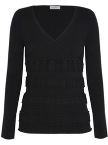 Cross Over Ripple Jumper - neckline: v-neck; pattern: plain; style: faux wrap/wrap; predominant colour: black; occasions: casual, evening, work; length: standard; fibres: polyester/polyamide - stretch; fit: standard fit; waist detail: fitted waist; bust detail: contrast pattern/fabric/detail at bust; sleeve length: long sleeve; sleeve style: standard; texture group: knits/crochet; trends: sculptural frills; hip detail: ruffles/tiers/tie detail at hip; pattern type: knitted - other; pattern size: small & light