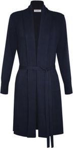 Longline Textured Cardigan - pattern: plain; neckline: shawl; bust detail: ruching/gathering/draping/layers/pintuck pleats at bust; style: open front; predominant colour: navy; occasions: evening, work, holiday; fibres: viscose/rayon - stretch; fit: standard fit; length: mid thigh; waist detail: belted waist/tie at waist/drawstring; sleeve length: long sleeve; sleeve style: standard; texture group: knits/crochet; pattern type: knitted - fine stitch