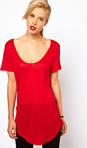 Fine Knit Longline Tee - pattern: plain; length: below the bottom; style: t-shirt; predominant colour: true red; occasions: casual, evening, work; neckline: scoop; fibres: polyester/polyamide - 100%; fit: body skimming; sleeve length: short sleeve; sleeve style: standard; pattern type: fabric; pattern size: standard; texture group: jersey - stretchy/drapey