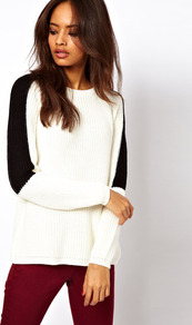 Chunky Jumper With Cross Back & Contrast Sleeve - neckline: round neck; style: standard; shoulder detail: contrast pattern/fabric at shoulder; predominant colour: white; occasions: casual; length: standard; fibres: acrylic - 100%; fit: slim fit; back detail: keyhole/peephole detail at back; sleeve length: long sleeve; sleeve style: standard; texture group: knits/crochet; pattern type: knitted - other; pattern size: small & light; pattern: colourblock