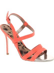 Abbott Neon Strappy Sandals - predominant colour: coral; occasions: evening, occasion, holiday; material: leather; heel height: high; ankle detail: ankle strap; heel: stiletto; toe: open toe/peeptoe; style: strappy; trends: fluorescent; finish: plain; pattern: plain