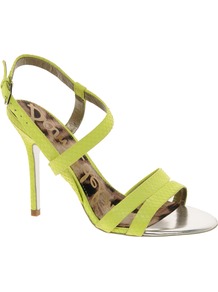 Abbott Lime Strappy Sandals - predominant colour: lime; occasions: evening, occasion, holiday; material: leather; heel height: high; ankle detail: ankle strap; heel: stiletto; toe: open toe/peeptoe; style: strappy; trends: fluorescent; finish: plain; pattern: plain