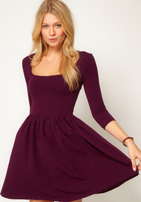 Skater Dress With Square Neck - length: mid thigh; pattern: plain; waist detail: fitted waist; predominant colour: purple; occasions: casual, evening; fit: fitted at waist & bust; style: fit & flare; fibres: cotton - stretch; sleeve length: 3/4 length; sleeve style: standard; neckline: low square neck; texture group: jersey - stretchy/drapey
