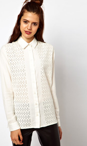 Shirt With Broderie Panel - neckline: shirt collar/peter pan/zip with opening; style: shirt; predominant colour: white; occasions: casual, work; length: standard; fibres: cotton - 100%; fit: straight cut; sleeve length: long sleeve; sleeve style: standard; texture group: lace; pattern type: fabric