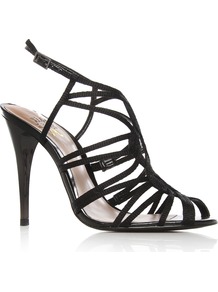 Papparazzi - predominant colour: black; occasions: evening, occasion; material: faux leather; heel height: high; ankle detail: ankle strap; heel: stiletto; toe: open toe/peeptoe; style: strappy; finish: plain; pattern: plain
