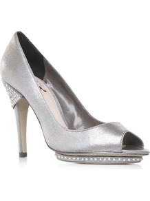 Hibiscus - predominant colour: silver; occasions: evening, occasion; material: satin; heel height: high; embellishment: crystals; heel: stiletto; toe: open toe/peeptoe; style: courts; trends: metallics; finish: metallic; pattern: plain