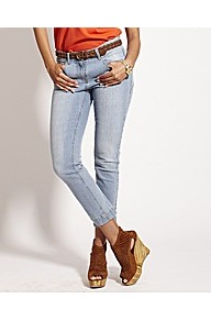 Back Zip Crop Skinny Jeans - style: skinny leg; pattern: plain; pocket detail: traditional 5 pocket; waist: mid/regular rise; predominant colour: pale blue; occasions: casual; length: ankle length; fibres: cotton - stretch; jeans detail: washed/faded; texture group: denim; pattern type: fabric