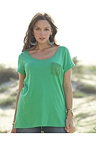 Lace Trim T Shirt - pattern: plain; style: t-shirt; predominant colour: mint green; occasions: casual; length: standard; neckline: scoop; fibres: cotton - 100%; fit: loose; bust detail: contrast pattern/fabric/detail at bust; sleeve length: short sleeve; sleeve style: standard; pattern type: fabric; texture group: jersey - stretchy/drapey; embellishment: embroidered