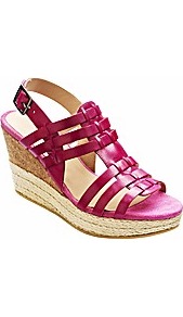 Jeffrey & Paula T Bar Wedge Sandals D Fit - predominant colour: hot pink; occasions: casual, evening, holiday; material: leather; heel height: high; embellishment: buckles; ankle detail: ankle strap; heel: wedge; toe: open toe/peeptoe; style: strappy; finish: plain; pattern: plain