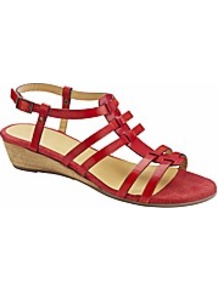 Emotion Gladiator Low Wedge Sandals E Fit - predominant colour: true red; occasions: casual, evening, work, holiday; material: leather; heel height: mid; embellishment: buckles; ankle detail: ankle strap; heel: wedge; toe: open toe/peeptoe; style: strappy; finish: plain; pattern: plain