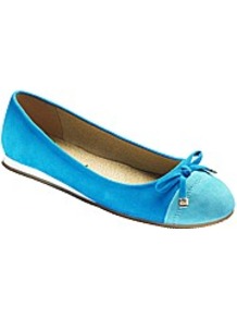 Toe Cap Ballerina Pumps E Fit - predominant colour: diva blue; occasions: casual, evening, work, holiday; material: fabric; heel height: flat; toe: round toe; style: ballerinas / pumps; finish: plain; pattern: colourblock; embellishment: bow