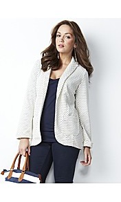 Petite Spot Print Jersey Blazer - style: single breasted blazer; hip detail: front pockets at hip; pattern: polka dot; collar: standard lapel/rever collar; predominant colour: ivory; occasions: casual, work; length: standard; fit: tailored/fitted; fibres: cotton - 100%; waist detail: fitted waist; sleeve length: long sleeve; sleeve style: standard; texture group: cotton feel fabrics; collar break: low/open; pattern type: fabric; pattern size: small & busy