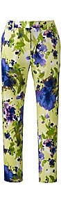 Cropped Floral Print Trousers - length: standard; waist: mid/regular rise; predominant colour: lime; occasions: casual, evening; fibres: cotton - stretch; texture group: cotton feel fabrics; trends: high impact florals; fit: slim leg; pattern type: fabric; pattern size: big & busy; pattern: florals; style: standard
