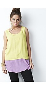 Colourblock Woven Vest - sleeve style: sleeveless; length: below the bottom; style: vest top; secondary colour: purple; predominant colour: primrose yellow; occasions: casual, holiday; neckline: scoop; fibres: viscose/rayon - 100%; fit: loose; back detail: keyhole/peephole detail at back; sleeve length: sleeveless; pattern type: fabric; pattern size: light/subtle; pattern: colourblock; texture group: other - light to midweight