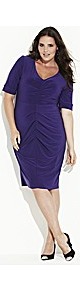 Magisculpt Fitted Ruched Dress - style: shift; neckline: low v-neck; pattern: plain; waist detail: twist front waist detail/nipped in at waist on one side/soft pleats/draping/ruching/gathering waist detail; bust detail: ruching/gathering/draping/layers/pintuck pleats at bust; predominant colour: purple; occasions: evening; length: on the knee; fit: body skimming; fibres: polyester/polyamide - stretch; hip detail: ruching/gathering at hip; sleeve length: short sleeve; sleeve style: standard; texture group: jersey - clingy; pattern type: fabric