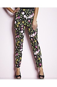 Magifit Ankle Length Floral Print Trousers - waist: high rise; predominant colour: black; occasions: casual, evening, holiday; length: ankle length; fibres: cotton - stretch; waist detail: narrow waistband; texture group: cotton feel fabrics; fit: slim leg; pattern type: fabric; pattern size: big & busy; pattern: florals; style: standard