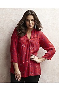 Jeffrey & Paula Spot Blouse - length: below the bottom; style: blouse; bust detail: ruching/gathering/draping/layers/pintuck pleats at bust; predominant colour: true red; secondary colour: navy; occasions: casual, work; neckline: collarstand & mandarin with v-neck; fibres: viscose/rayon - 100%; fit: loose; sleeve length: 3/4 length; sleeve style: standard; pattern type: fabric; pattern size: light/subtle; pattern: patterned/print; texture group: jersey - stretchy/drapey