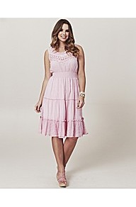 Frock And Frill Tiered Crochet Tea Dress - neckline: round neck; fit: fitted at waist; pattern: plain; sleeve style: sleeveless; style: blouson; bust detail: added detail/embellishment at bust; waist detail: wide waistband/cummerbund; predominant colour: blush; occasions: casual, evening, occasion, holiday; length: on the knee; fibres: viscose/rayon - 100%; shoulder detail: added shoulder detail; sleeve length: sleeveless; texture group: cotton feel fabrics; trends: sculptural frills; hip detail: ruffles/tiers/tie detail at hip; pattern type: fabric; embellishment: lace
