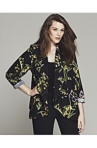 Bespoke Brooke Floral Belted Soft Jacket - style: single breasted blazer; collar: shawl/waterfall; fit: loose; secondary colour: lime; predominant colour: black; occasions: casual, evening; length: standard; fibres: polyester/polyamide - 100%; sleeve length: 3/4 length; sleeve style: standard; collar break: low/open; pattern type: fabric; pattern size: big & busy; pattern: florals; texture group: other - light to midweight