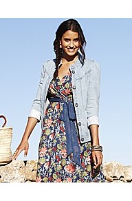 Spirit And Sands Denim Jacket - sleeve style: puffed; pattern: plain; bust detail: added detail/embellishment at bust; collar: round collar/collarless; style: denim; secondary colour: white; predominant colour: pale blue; occasions: casual, holiday; length: standard; fit: straight cut (boxy); fibres: cotton - 100%; shoulder detail: flat/draping pleats/ruching/gathering at shoulder; sleeve length: 3/4 length; texture group: cotton feel fabrics; collar break: high; pattern type: fabric; pattern size: standard